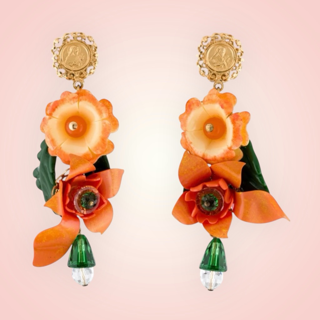Dolce And Gabbana Floral Orange And Green Resin Drop Earrings 968$